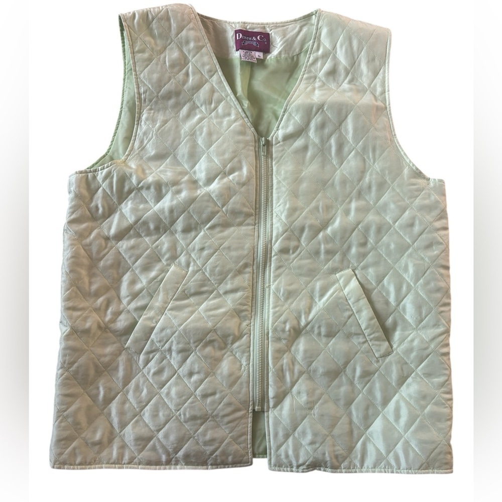 Vintage Denim & Co Quilted Silk Vest Lemon Lime Chartreuse Zip Front Pockets L